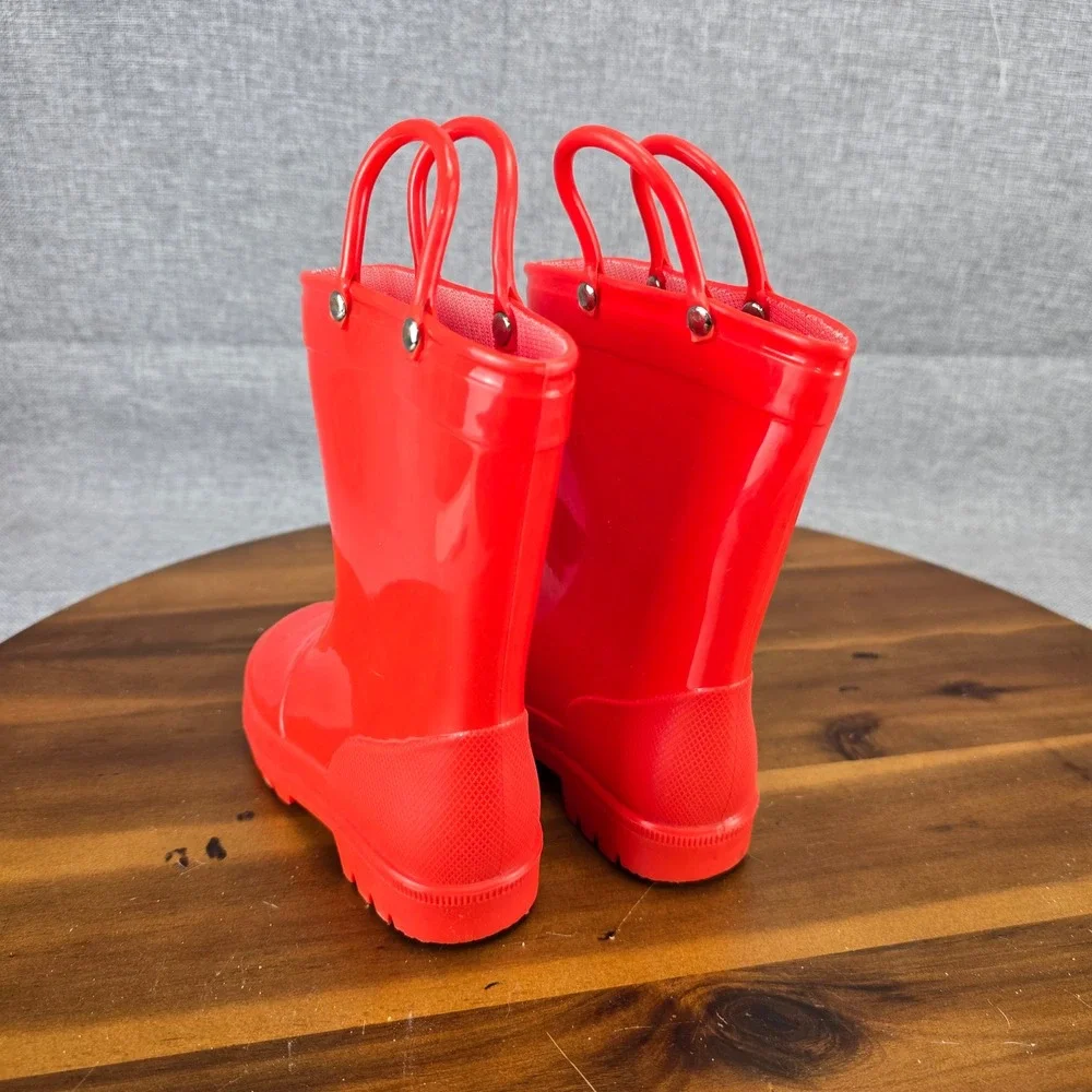 Red Toddler Rain Boots Size 8 Waterproof Pull On Handles Glossy Rubber Boots - Picture 9 of 13